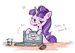 Size: 3463x2480 | Tagged: safe, artist:nendo, derpibooru import, starlight glimmer, pony, unicorn, computer, computer mouse, dialogue, female, glass of water, high res, laptop computer, mare, mouse cursor, s5 starlight, solo, table