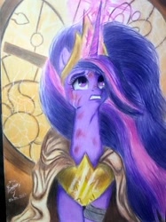 Size: 472x630 | Tagged: safe, artist:robinnomadrain, artist:shadowingartist, derpibooru import, princess twilight 2.0, twilight sparkle, twilight sparkle (alicorn), alicorn, pony, the last problem, bruised, cape, clenched teeth, cloak, clocktower, clothes, crown, crying, glowing horn, horn, jewelry, magic, magic aura, older, older twilight, regalia, solo