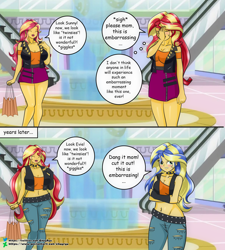 Size: 1800x2000 | Tagged: safe, artist:chuyryu, derpibooru import, sunset shimmer, oc, oc:evening glow, oc:summer daydream (sunset's mother), equestria girls, belly button, clothes swap, comic, facepalm, female, like mother like daughter, like parent like child, midriff, mother and child, mother and daughter, offspring, parent and child, parent:flash sentry, parent:sunset shimmer, parents:flashimmer