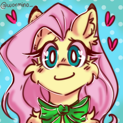 Size: 500x500 | Tagged: safe, artist:teaandsheep, derpibooru import, fluttershy, pony, abstract background, blushing, bow, bust, cheek fluff, ear fluff, ears, female, full face view, heart, heart eyes, icon, looking at you, mare, portrait, shoulder fluff, smiling, solo, wingding eyes