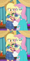 Size: 808x1617 | Tagged: safe, artist:twinet, derpibooru import, edit, edited screencap, screencap, applejack, fluttershy, best in show: the pre-show, better together, equestria girls, 2 panel comic, applejack's hat, assisted exposure, bare shoulders, clothes, comic, cowboy hat, cropped, female, geode of fauna, geode of super strength, hat, magical geodes, microphone