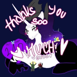 Size: 640x640 | Tagged: safe, artist:_goddesskatie_, derpibooru import, oc, oc only, alicorn, changeling, changeling queen, pony, alicorn oc, blue background, blushing, changeling queen oc, female, grammar error, horn, horns, leonine tail, looking back, mare, milestone, simple background, smiling, wings