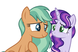 Size: 2000x1337 | Tagged: safe, artist:gallantserver, derpibooru import, oc, oc:frostbite, oc:saccharine, earth pony, pony, unicorn, female, mare, offspring, parent:apple brown betty, parent:aria blaze, simple background, transparent background