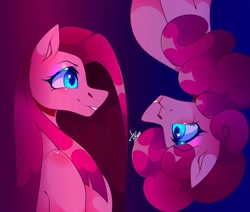 Size: 1080x915 | Tagged: safe, alternate version, artist:tessa_key_, derpibooru import, pinkie pie, earth pony, pony, abstract background, blood, bust, duality, female, looking at each other, makeup, mare, nosebleed, pinkamena diane pie, self ponidox, signature, smiling, upside down