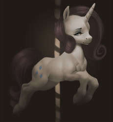 Size: 1311x1416 | Tagged: safe, artist:kemikel, derpibooru import, rarity, pony, unicorn, carousel, chest, desaturated, digital art, eyeshadow, female, horn, jumping, leaping, looking at you, makeup, muscles, painting, pecs, pole, realistic anatomy, solo, solo female