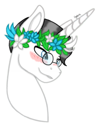Size: 1583x2048 | Tagged: safe, alternate version, artist:agdapl, artist:elementbases, derpibooru import, pony, unicorn, base used, blushing, crossover, floral head wreath, flower, glasses, male, medic, ponified, simple background, species swap, stallion, team fortress 2, white background