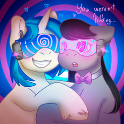 Size: 2000x2000 | Tagged: safe, artist:vinyldraw, octavia melody, vinyl scratch, earth pony, pony, unicorn, /mlp/, blushing, bow, duo, ears, female, floppy ears, fluffy, fluffy ears, grin, hypno eyes, hypnogear, hypnosis, mare, swirl background, unshorn fetlocks