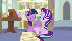 Size: 444x255 | Tagged: safe, edit, edited screencap, screencap, spike, starlight glimmer, twilight sparkle, twilight sparkle (alicorn), alicorn, dragon, pony, unicorn, a horse shoe-in, animated, cropped, eyes closed, hug, lucky bastard, scroll, spikelove, starlight's office, trio, winged spike