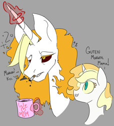 Size: 1692x1862 | Tagged: safe, artist:2hrnap, oc, oc:dyx, oc:dyxkrieg, alicorn, pony, alicorn oc, bust, cigarette, coffee mug, dialogue, female, filly, glowing horn, gray background, horn, lidded eyes, magic, magical lesbian spawn, mare, mother and child, mother and daughter, mug, offspring, older, older dyx, parent and child, parent:oc:dyx, parent:oc:luftkrieg, parents:oc x oc, portrait, simple background, smiling, smoking, telekinesis, wings