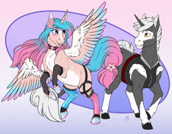 Size: 2125x1659 | Tagged: safe, artist:blackblood-queen, oc, oc:silvervale, oc:touken ryuujin, alicorn, pony, unicorn, alicorn oc, colored wings, commission, digital art, female, gradient mane, horn, looking at each other, male, mare, multicolored wings, ponified, smiling, stallion, unicorn oc, vtuber, wings