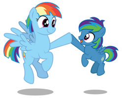 Size: 1600x1274 | Tagged: safe, artist:aleximusprime, derpibooru import, rainbow dash, oc, oc:storm streak, pegasus, flurry heart's story, female, high five, hoofbump, male, mother and child, mother and son, mother's day, offspring, older, older rainbow dash, parent and child, parent:oc:thunderhead, parent:rainbow dash, parent:thunderlane, parents:thunderdash