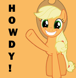 Size: 3824x3928 | Tagged: safe, artist:tomfraggle, artist:twilyisbestpone, derpibooru exclusive, derpibooru import, applejack, earth pony, pony, cute, female, grin, high res, howdy, jackabetes, looking at you, mare, orange background, raised hoof, raised leg, simple background, smile and wave, smiling, solo, vector, waving