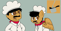 Size: 1694x860 | Tagged: safe, artist:kittycatsun, derpibooru import, human, pegasus, pony, bandana, chef, chef pee pee, chef's hat, cooking pot, hat, ponified, spoon, supermariologan