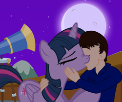 Size: 4226x3536 | Tagged: safe, artist:brandonthebronypony2, derpibooru import, twilight sparkle, twilight sparkle (alicorn), oc, oc:brandon, alicorn, canon x oc, moon, night, telescope