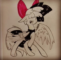 Size: 1080x1058 | Tagged: safe, artist:sakura_doujinshi_sd, derpibooru import, songbird serenade, pegasus, pony, my little pony: the movie, bow, clothes, female, hair bow, hair over eyes, mare, raised hoof, raised leg, traditional art