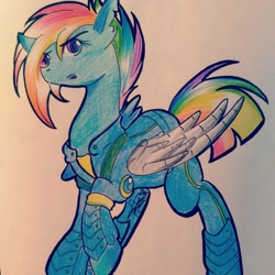 Size: 1080x1080 | Tagged: safe, alternate version, artist:sakura_doujinshi_sd, derpibooru import, rainbow dash, pegasus, pony, alternate timeline, amputee, apocalypse dash, armor, artificial wings, augmented, colored, crystal war timeline, female, mare, prosthetic limb, prosthetic wing, prosthetics, solo, torn ear, traditional art, wings