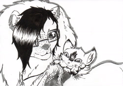 Size: 2445x1718 | Tagged: safe, artist:cindertale, derpibooru import, oc, oc only, oc:cinder, big cat, deer, lion, chest fluff, clothes, deer oc, duo, ear fluff, ears, female, glasses, lineart, male, monochrome, solo, traditional art