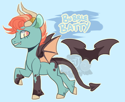 Size: 1100x900 | Tagged: safe, artist:lavvythejackalope, derpibooru import, oc, oc only, bat pony, pony, bat pony oc, bat wings, grin, horns, raised hoof, raised leg, smiling, solo, wings