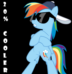 Size: 4536x4672 | Tagged: safe, artist:cryocubed, artist:twilyisbestpone, derpibooru exclusive, derpibooru import, rainbow dash, pegasus, pony, 20% cooler, absurd resolution, backwards ballcap, baseball cap, bipedal, black background, cap, crossed hooves, female, hat, mare, radical, simple background, solo, standing, sunglasses, vector