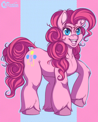 Size: 720x900 | Tagged: safe, artist:tenjosan, derpibooru import, pinkie pie, earth pony, pony, digital art, female, hooves, looking at you, mare, open mouth, open smile, simple background, smiling, smiling at you, solo, tail, unshorn fetlocks