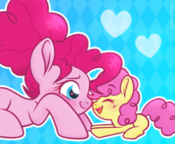 Size: 1990x1632 | Tagged: safe, artist:ninnydraws, derpibooru import, li'l cheese, pinkie pie, earth pony, pony, the last problem, boop, colt, cute, daaaaaaaaaaaw, diapinkes, female, happy, heart, heart eyes, li'l cuteese, male, mother and child, mother and son, noseboop, older, older pinkie pie, open mouth, parent and child, simple background, smiling, wingding eyes