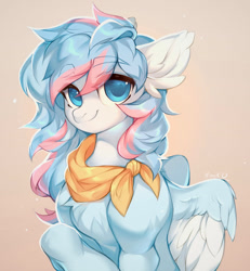 Size: 1184x1280 | Tagged: safe, artist:minekoo2, derpibooru import, oc, oc only, bandana, commission, digital art, female, hooves, looking at you, mare, simple background, smiling, smiling at you, solo, wings