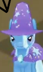 Size: 195x326 | Tagged: safe, derpibooru import, trixie, pony, unicorn, app, cape, clothes, cropped, derp, funny, game, gameloft, gem, hat, looking at you, mobile game, trixie's cape, trixie's hat, wat