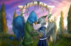 Size: 2560x1647 | Tagged: safe, artist:megabait, derpibooru import, oc, griffon, pony, clothes, cuddling, happy, love, marriage, suit, wedding