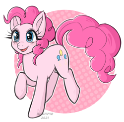 Size: 1492x1460 | Tagged: safe, artist:kiripi, derpibooru import, pinkie pie, earth pony, pony, open mouth, open smile, smiling, solo, sparkly eyes, wingding eyes