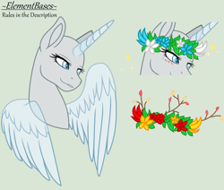 Size: 1930x1636 | Tagged: safe, alternate version, artist:elementbases, derpibooru import, oc, oc only, alicorn, pony, alicorn oc, bald, base, blushing, bust, eyelashes, female, floral head wreath, flower, gray background, horn, mare, simple background, wings