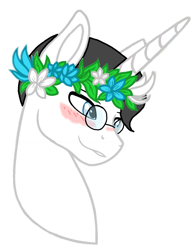 Size: 1583x2048 | Tagged: safe, alternate version, artist:agdapl, artist:elementbases, derpibooru import, pony, unicorn, base used, blushing, crossover, floral head wreath, flower, glasses, male, medic, ponified, simple background, species swap, stallion, team fortress 2, white background