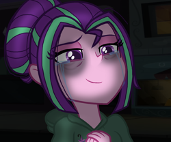 Size: 1500x1249 | Tagged: safe, artist:gallantserver, derpibooru import, aria blaze, human, equestria girls, bags under eyes, clothes, crying, female, solo, story included, tears of joy