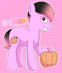 Size: 1080x1255 | Tagged: safe, artist:shycookieq, derpibooru import, oc, oc only, earth pony, pony, earth pony oc, grin, pumpkin, raised hoof, raised leg, smiling, solo