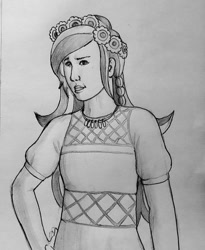 Size: 596x726 | Tagged: safe, alternate version, artist:rm_bottleneck42, derpibooru import, gloriosa daisy, equestria girls, clothes, female, floral head wreath, flower, grayscale, hand on hip, monochrome, smiling, solo, traditional art