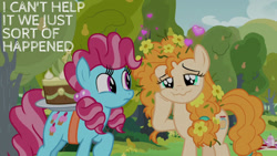 Size: 1280x720 | Tagged: safe, derpibooru import, edit, edited screencap, editor:quoterific, screencap, cup cake, pear butter, earth pony, pony, the perfect pear, cake, chiffon swirl, duo, duo female, female, food, mare, pear tree, primal, tree, wavy mouth, younger