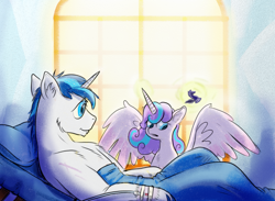 Size: 1000x732 | Tagged: safe, artist:capt_hairball, derpibooru import, princess flurry heart, shining armor, alicorn, pony, unicorn, bed, chess, cute, father and child, father and daughter, female, filly, flurrybetes, injured, male, parent and child, stallion, window