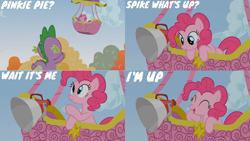 Size: 1280x720 | Tagged: safe, derpibooru import, edit, edited screencap, editor:quoterific, screencap, pinkie pie, spike, dragon, earth pony, pony, fall weather friends, ^^, cute, diapinkes, duo, eyes closed, female, hot air balloon, male, mare, open mouth, stallion, twinkling balloon