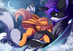 Size: 3833x2695 | Tagged: safe, artist:conrie, derpibooru import, oc, oc:shoop, draconequus, pegasus, artist error, claws, cloud, cuddle on the tummy, ears, floppy ears, head pat, lying down, moon, night, on a cloud, on back, pat, paws, size difference, spread wings, wings