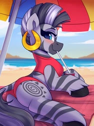 Size: 1500x2000 | Tagged: safe, artist:shadowreindeer, derpibooru import, zecora, zebra, beach, beach towel, beach umbrella, bikini, blushing, butt, clothes, commission, cute, dock, drinking, drinking straw, ear piercing, female, looking at you, looking back, looking back at you, mare, midriff, outdoors, piercing, plot, rear view, red swimsuit, soda can, solo, swimsuit, towel, ych example, your character here, zecorable