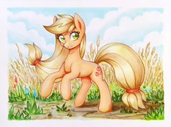 Size: 900x666 | Tagged: safe, artist:asimos, derpibooru import, applejack, earth pony, pony, female, mare, markers, scenery, smiling, solo, traditional art