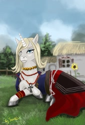 Size: 734x1080 | Tagged: safe, artist:terr@koterr@, derpibooru import, unicorn, art pack:the lodge of sorceresses, amulet, beads, clothes, dress, flower, jewelry, keira metz, looking at you, scenery, sunflower, the witcher, the witcher 3, village