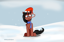 Size: 3000x2000 | Tagged: safe, artist:ethan eclipse, derpibooru import, oc, oc:benjamin terrance tover, pony, candy, candy cane, christmas, ear piercing, earring, food, glasses, hat, holiday, jewelry, mouth hold, piercing, santa hat, sitting, snow, tail wag