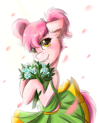 Size: 1468x1824 | Tagged: safe, artist:yuris, derpibooru import, oc, oc only, pony, clothes, commission, falling, female, golden eyes, petals, pink mane, ponytails, skirt, smiling, solo, ych result