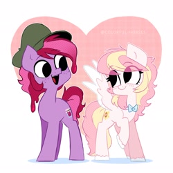 Size: 2048x2048 | Tagged: safe, derpibooru import, oc, oc only, oc:jelly, oc:ninny, earth pony, pegasus, bowtie, colt, couple, female, freckles, hat, heterochromia, looking at each other, male, mare, simple background