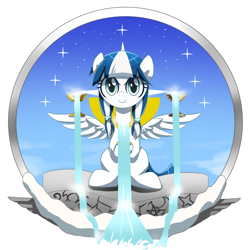 Size: 2000x2000 | Tagged: safe, artist:ce2438, derpibooru import, oc, oc:flowing chalice, oc:yinglongfujun, pegasus, pony, blessed fountain, blue mane, chalice, chalice bearer, cleric, cloud, domain:sustenance, domain:water, female, food, galicia, mare, marshmallow, ocean, pigtails, priest, silver, smiling, solo, stars, twintails, water, water coat, white mane, wings