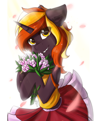 Size: 1268x1624 | Tagged: safe, artist:yuris, derpibooru import, oc, oc only, oc:java, pony, unicorn, clothes, commission, female, golden eyes, petals, ponytails, skirt, smiling, solo, ych result