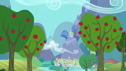 Size: 1280x720 | Tagged: safe, derpibooru import, screencap, season 1, the ticket master, apple, apple tree, background, mountain, no pony, ponyville, scenic ponyville, sweet apple acres, tree