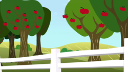 Size: 1280x720 | Tagged: safe, derpibooru import, screencap, season 1, the ticket master, apple, apple tree, background, fence, no pony, scenic ponyville, sweet apple acres, tree