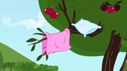 Size: 1280x720 | Tagged: safe, derpibooru import, screencap, the ticket master, apple, apple tree, background, blanket, no pony, pillow, scenic ponyville, sweet apple acres, tree