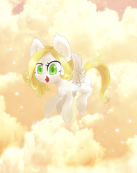 Size: 1983x2519 | Tagged: safe, artist:kirenfox, derpibooru import, oc, oc:pearl, pegasus, pony, big ears, cloud, cloudy, ears, flying, open mouth, pegasus oc, solo